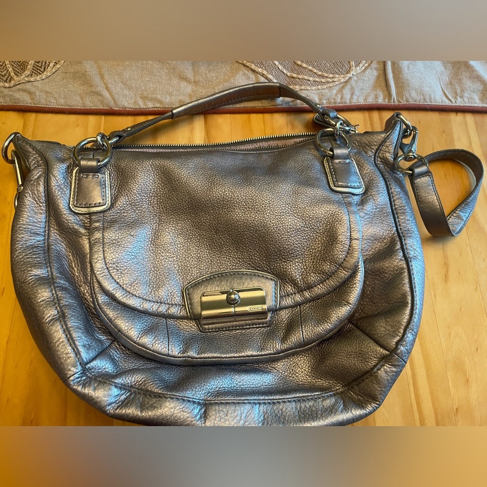Large Coach pewter crossbody bag